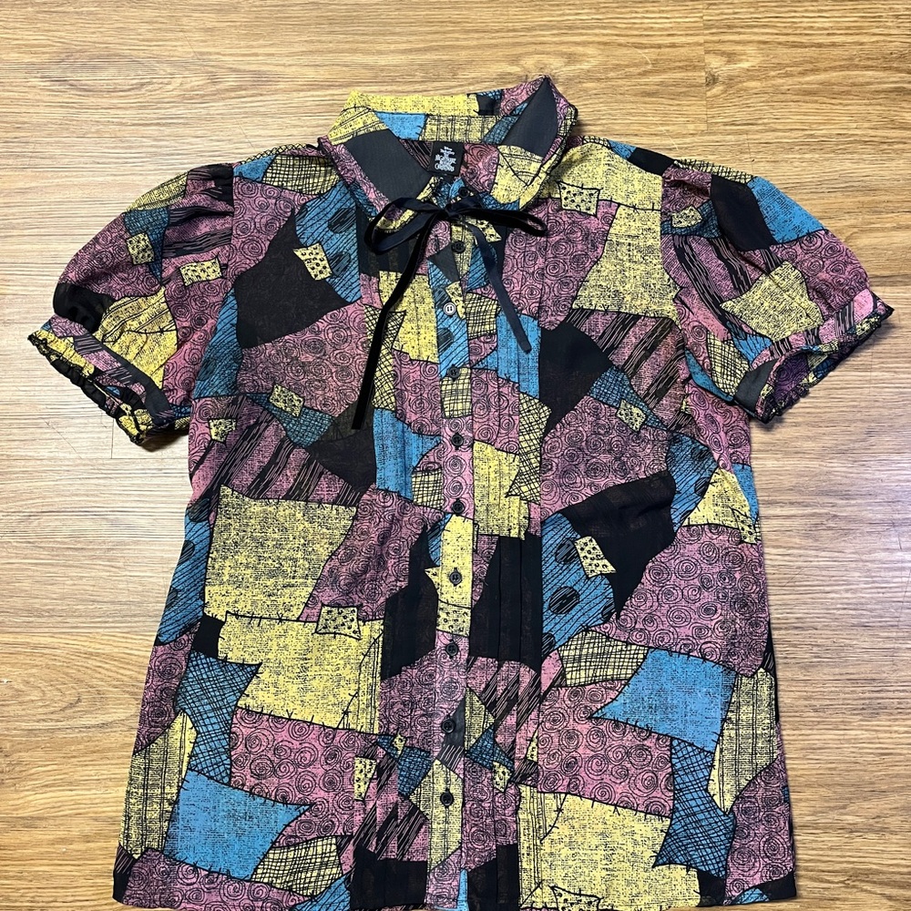 Disney Nightmare Before Christmas Sally Patchwork Button Down Sheer Blouse Large